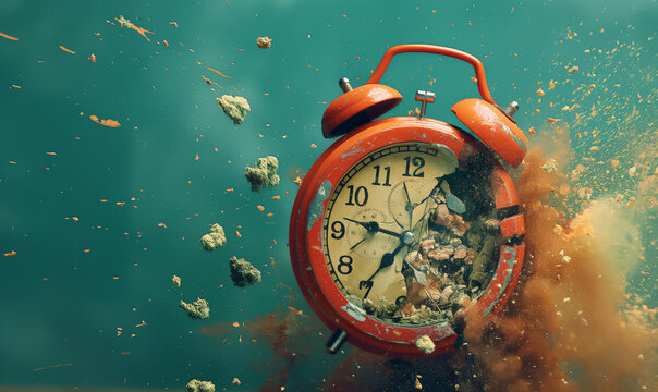 Exploding red alarm clock symbolizing time pressure