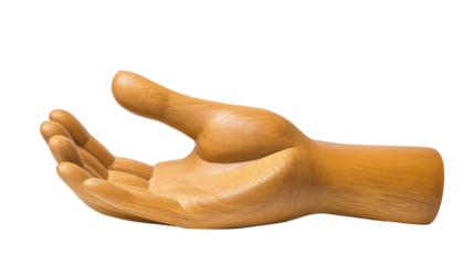 A wooden hand is shown on a white background