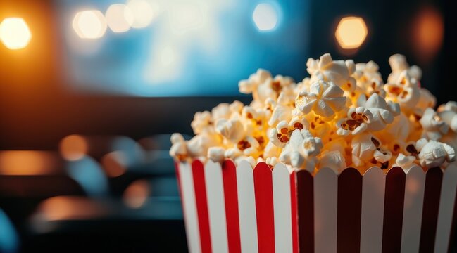 Close-up of popcorn in a red and white striped box, with blurred theater background.