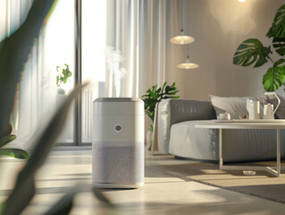modern living room, modern air purifier in an elegant home environment surrounded by lush greenery and soft lighting