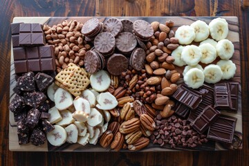 Fototapeta premium Assortment of sweet treats arranged on a wooden charcuterie board, featuring chocolate, cookies, nuts, and bananas