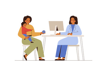 Pediatric diagnostic and consultation for mother with child. Woman with small son visit doctor for medical exam. Baby with his parent at appointment in hospital.  Vector illustration