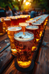  beers, lots of beer, crowd of beer glasses lined up, daylight, colorful