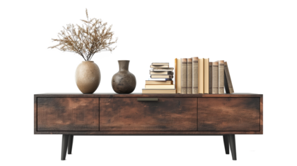 A wooden bookshelf with a vase of flowers on top and a few books on the shelf isolated on a transparent background