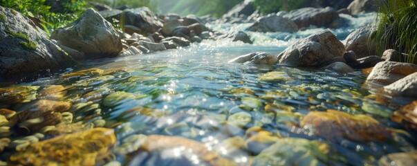 Crystal Clear Alpine River Flowing Through Rocks, 4K hyperrealistic photo