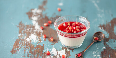 Malabi (muhallebi) milk rice pudding with pomegranate. Arabic dessert