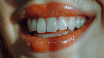 A close-up of a radiant smile with glossy red lips, showcasing the beauty and health of perfectly white teeth.
