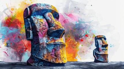 Fototapeta premium Colorful Graffiti on Moai Statues with Vibrant Abstract Background