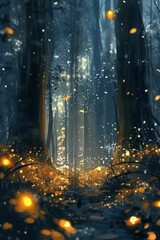 Enchanted forest scene with glowing fireflies and mystical light shining through tall trees, creating a magical and serene atmosphere.