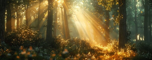 Enchanted forest illuminated by shafts of golden sunlight, 4K hyperrealistic photo