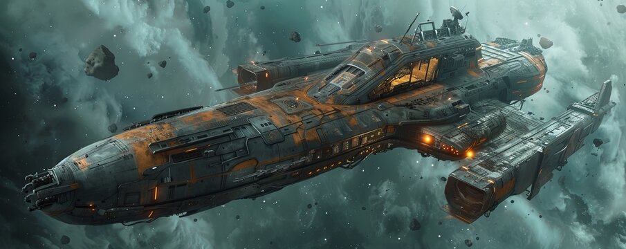 An abandoned spaceship drifting through the void, with its hull scarred by battle and its systems dormant.