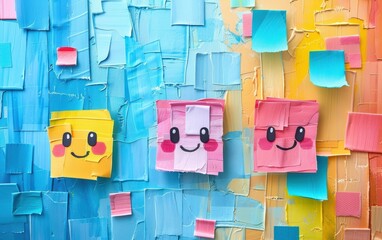 Obraz premium Colorful abstract painting with cute, cheerful square characters on textured pastel background, evoking happiness and playful vibes.