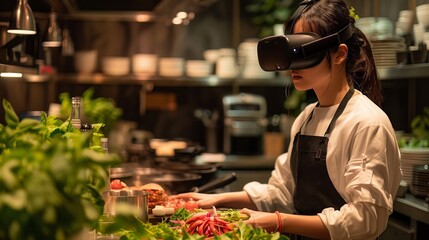 A young woman in a white shirt and black apron prepares food in a restaurant kitchen while wearing a VR headset.
