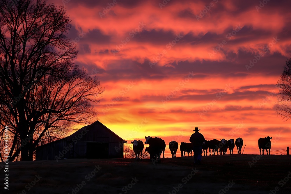 Wall mural Silhouetted Cattle Herded at Sunset