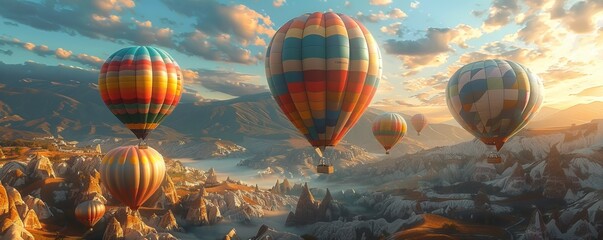 Fototapeta premium Colorful hot air balloons floating above a patchwork landscape, 4K hyperrealistic photo