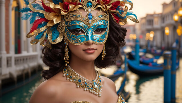 woman in a blue and gold masquerade mask