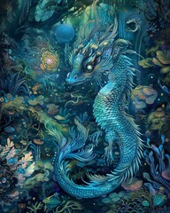 Iridescent turquoise fantasy creature, a whimsical and surreal depiction of a mythical being