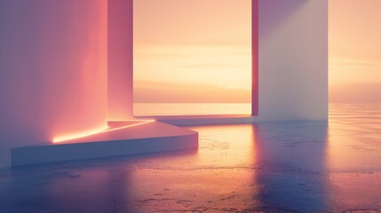 Futuristic backdrop for art displays, a concrete stage illuminated by a sunset over the ocean, ideal for summer events and exhibitions