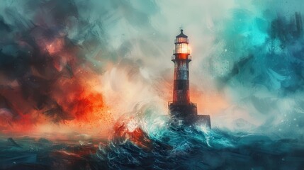 Fototapeta premium Dramatic Lighthouse Amidst Stormy Seas with Vibrant Colors and Dynamic Waves