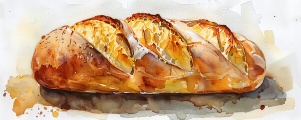 A watercolor painting of a rustic loaf of bread, its golden crust freshly baked and its aroma filling the air.