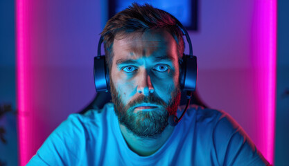 Obraz premium A bearded man wearing a headset intently focused during an online gaming session, illuminated by vibrant blue and pink neon lights.
