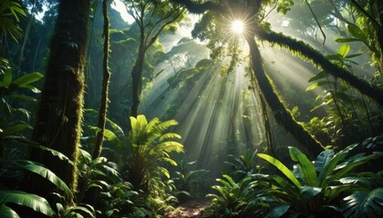 Fototapeta premium environment, Sunlit Rainforest Trees and Ferns