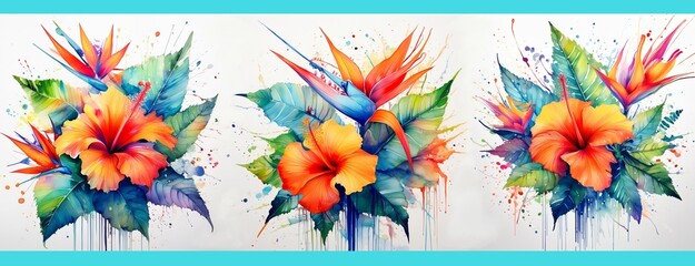 Tropische Blumen Arrangement mit Hibiskus und Strelizie bunt farbenfroh in Aquarell Technik