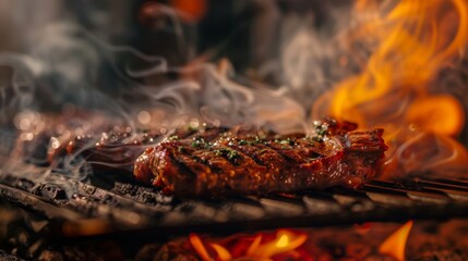  stake on hot smoky grill with black bokeh 