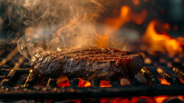 stake on hot smoky grill with black bokeh 