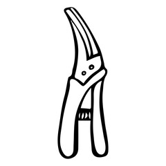 Garden tool pruner hand drawn in doodle style. Hobby gardening. Pruning branches. Trimming trees. Vector line art illustration.