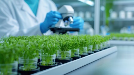 Scientist examining plant samples under a microscope in a laboratory, focusing on growth and research in botany and agriculture.