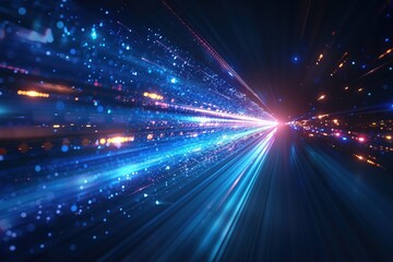 Futuristic abstract background with glowing particles and lines, representing speed, technology, data flow, and digital innovation.