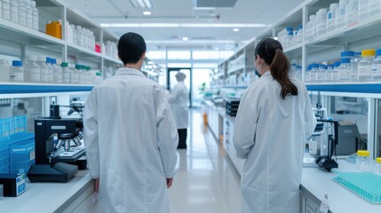 Two scientists in lab coats observe ongoing research in a modern laboratory filled with equipment and supplies.