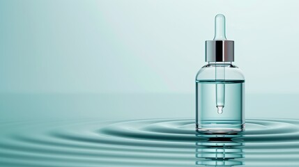 Naklejka premium A clear dropper bottle sits on serene water, reflecting calmness and purity, ideal for skincare and wellness themes.