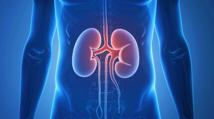 Detailed medical illustration of human kidney anatomy showing the urinary system in a highlighted view. Ideal for educational and healthcare content.