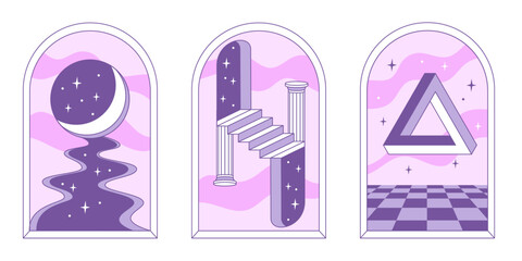 Surrealism poster set. Abstract shapes, moon light, stairs and geometric elements. Vector illustration in minimal style