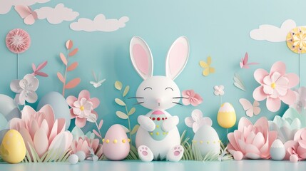 Fototapeta premium Cute rabbit with pastel Easter eggs in paper art style, wishing you a Happy Easter