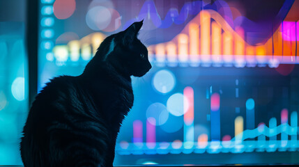 Silhouette of a cat with colorful financial charts in the background, symbolizing data analysis and statistical trends.