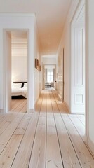 A doorway reveals a modern minimalist bedroom featuring wooden walls and a comfortable bed