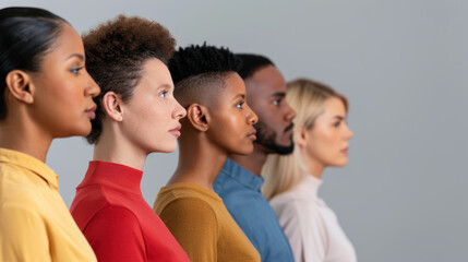Diverse group of people standing in profile view, showing inclusivity and unity. Perfect for promoting diversity and teamwork in any project or business.