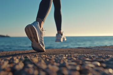 Runner's foot landing on pebbled path by the sea at sunset
