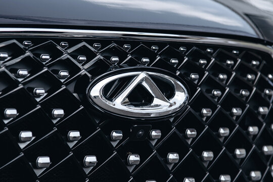 KIROV, RUSSIA - JUNE 25, 2023 CHERY logo, close up view, car dealer and manufacturer, global automobile manufacture