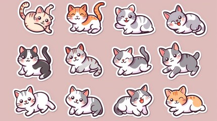 Obraz premium Collection of cute, simple cat stickers in a Japanese anime cartoon style, featuring playful and adorable expressions and poses