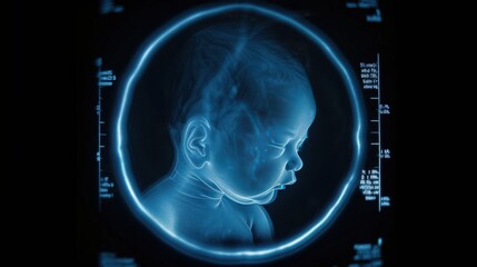 Detailed MRI scan showing the profile of a baby's head, highlighting brain development. Ideal for medical and healthcare-related content.