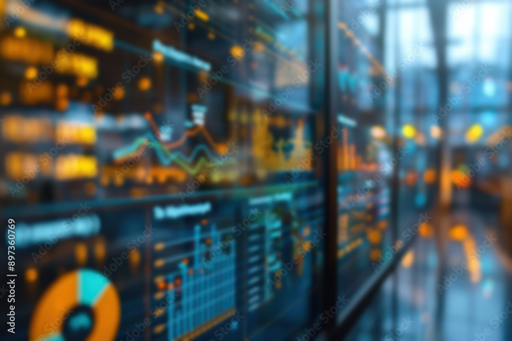 Poster blurry view of a modern data visualization dashboard with colorful graphs and charts in a high-tech 