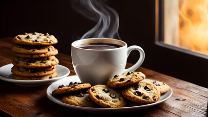 Close-up of hot americano cup with cookies