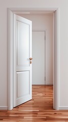 A doorway reveals a modern minimalist bedroom featuring wooden walls and a comfortable bed