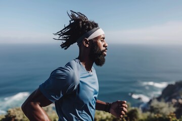 Man running on coastal cliff with ocean view in the daytime