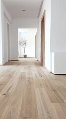 A doorway reveals a modern minimalist bedroom featuring wooden walls and a comfortable bed