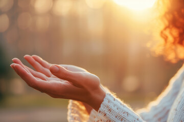 Close-up of a person holding their hands up in prayer or meditation, bathed in warm sunlight. A serene moment in nature.